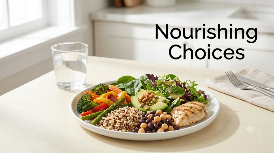Calorie deficit with balanced, nutrient-dense foods for healthy weight management