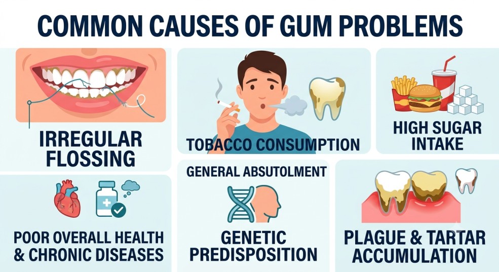 An infographic illustrating the common causes of gum problems like tobacco use, plaque buildup, and genetics, explaining how to keep your gums healthy through prevention.