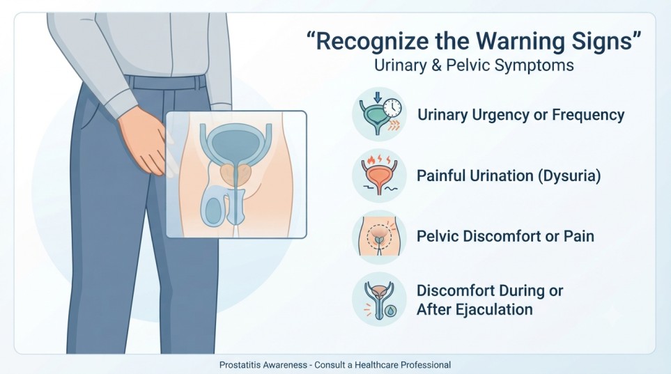 Prostatitis symptoms showing common urinary and pelvic warning signs in a male medical illustration