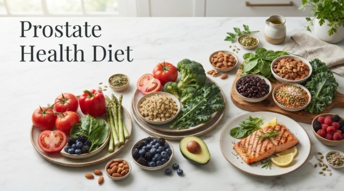 Prostate health diet featuring tomatoes, vegetables, berries, whole grains, nuts, seeds, and fish for a balanced eating pattern.