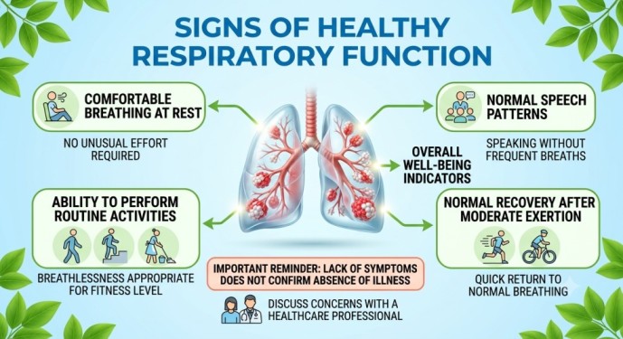 An educational infographic showing key indicators of Normal Lung Function, including comfortable breathing at rest, normal speech patterns, and healthy recovery after exertion