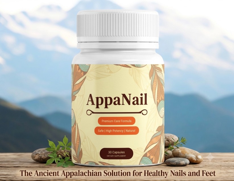 A bottle of AppaNail dietary supplement capsules on a stone surface with a mountain background, featuring a label that says 'The Ancient Appalachian Solution for Healthy Nails and Feet'.