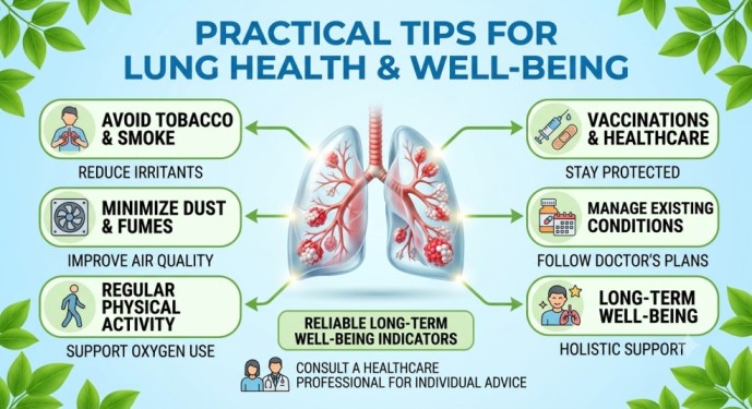 An informative visual guide on supporting Normal Lung Function featuring tips like avoiding smoke, minimizing dust exposure, staying active, and getting vaccinated.
