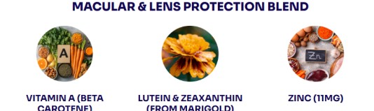 Eye Health Supplement Macular and Lens Protection Blend featuring Vitamin A, Lutein, Zinc, for daily vision support and eye wellness.