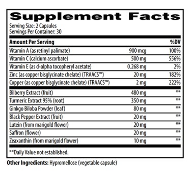 Supplement Facts label for iGenics Vision Support Supplement showing ingredient dosages and serving size.
