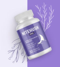 NiteHush Pro chewable dietary supplement bottle providing natural support for snoring and sinus support for restful nights.