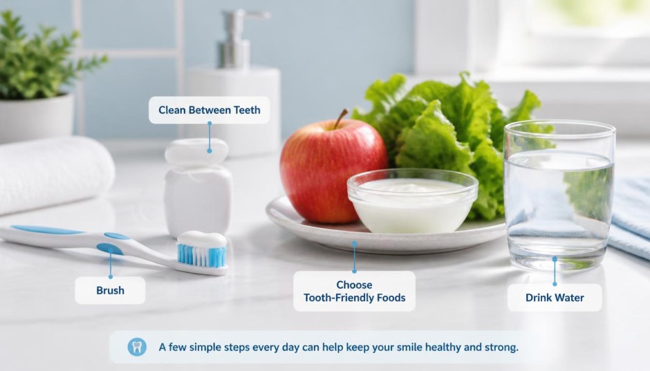 Daily oral care habits to improve oral health with brushing, flossing, water, and tooth-friendly foods