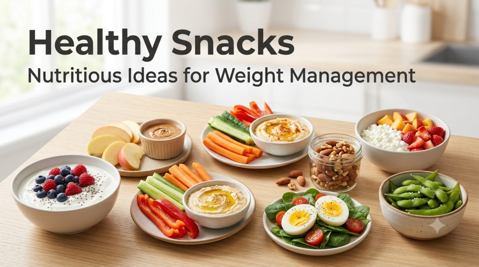 Best Foods for Weight Loss including healthy snacks such as Greek yogurt, berries, vegetables, hummus, nuts, and fruit