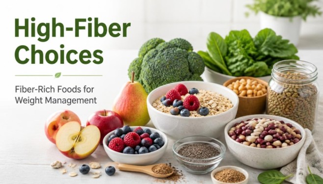 Best Foods for Weight Loss including high-fiber foods such as oatmeal, berries, vegetables, beans, lentils, and chia seeds