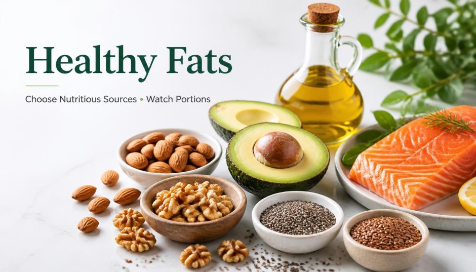 Best Foods for Weight Loss including healthy fats from avocado, nuts, seeds, olive oil, and salmon