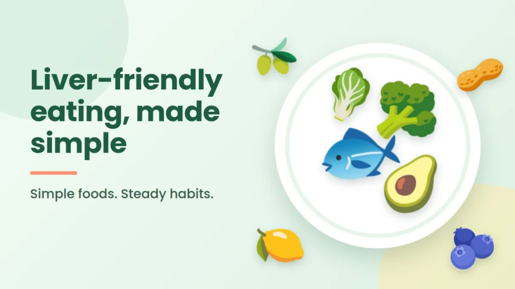 Healthy plate with salmon, broccoli, avocado and leafy greens for a fatty liver diet