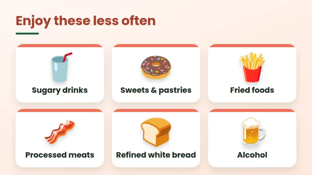 Sugary drinks, sweets, fried foods, processed meats, white bread and alcohol to limit on a fatty liver diet
