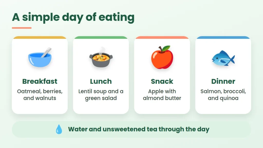 One-day fatty liver diet meal plan with oatmeal, lentil soup, apple with almond butter and baked salmon