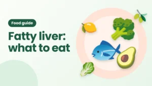 Fatty liver diet food guide with salmon, broccoli, avocado and leafy greens