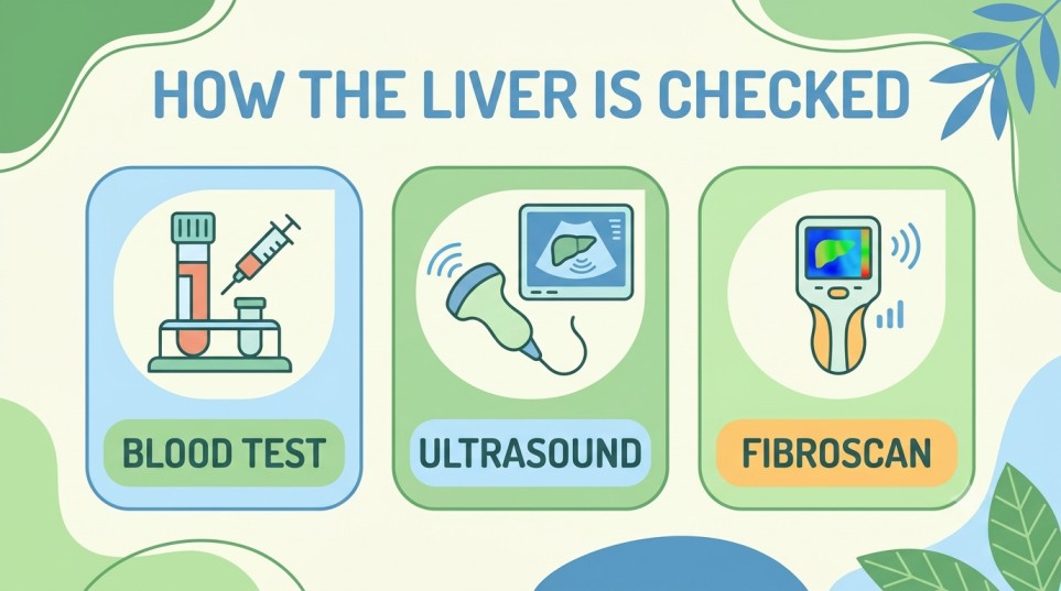 Signs of an Unhealthy Liver diagnostic testing guide featuring illustrations of blood test, ultrasound, and FibroScan.