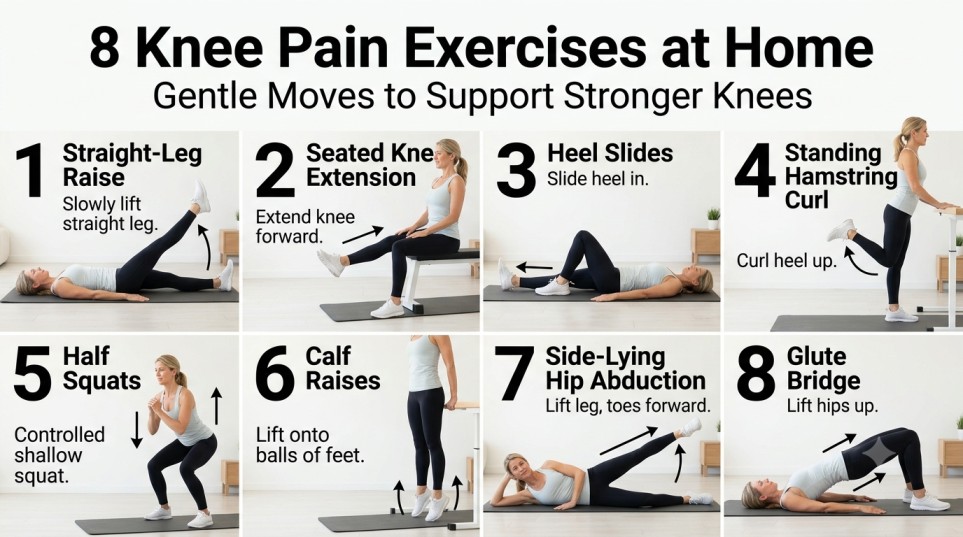 Knee pain exercises at home infographic displaying an 8-step guide with gentle moves for knee strengthening.