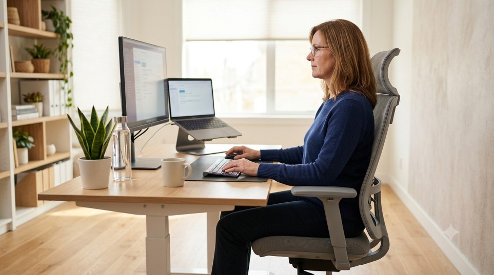 Proper desk posture to reduce desk job joint pain and support neck and back comfort