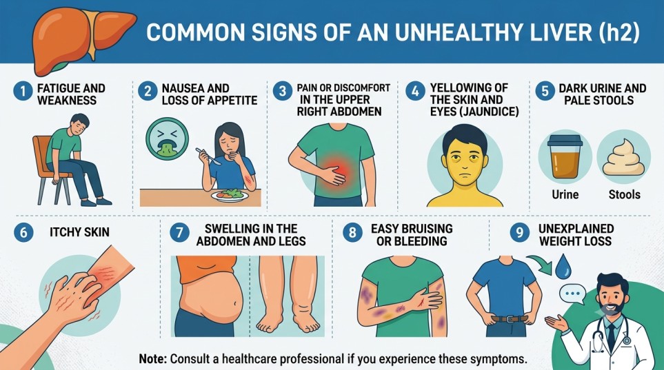 Signs of an Unhealthy Liver infographic illustrating 9 key symptoms including fatigue, jaundice, abdominal pain, dark urine, and swelling.