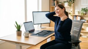 Office worker stretching after sitting at a desk to support neck, back, and hip comfort