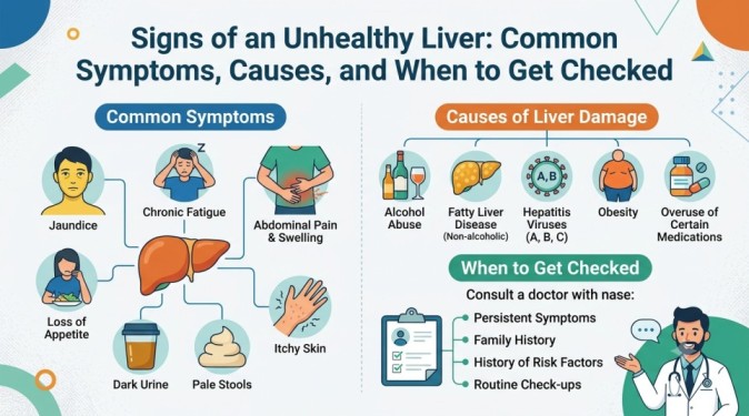 Infographic explaining the signs of an unhealthy liver including common symptoms like jaundice and fatigue, causes, and when to get checked by a doctor.