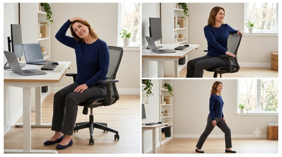 Gentle stretches for desk job joint pain involving the neck, back, and hips