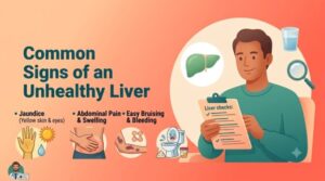 Common Signs of an Unhealthy Liver infographic illustrating a man with a health checklist alongside key symptoms like jaundice, abdominal pain, bruising, and digestive changes.